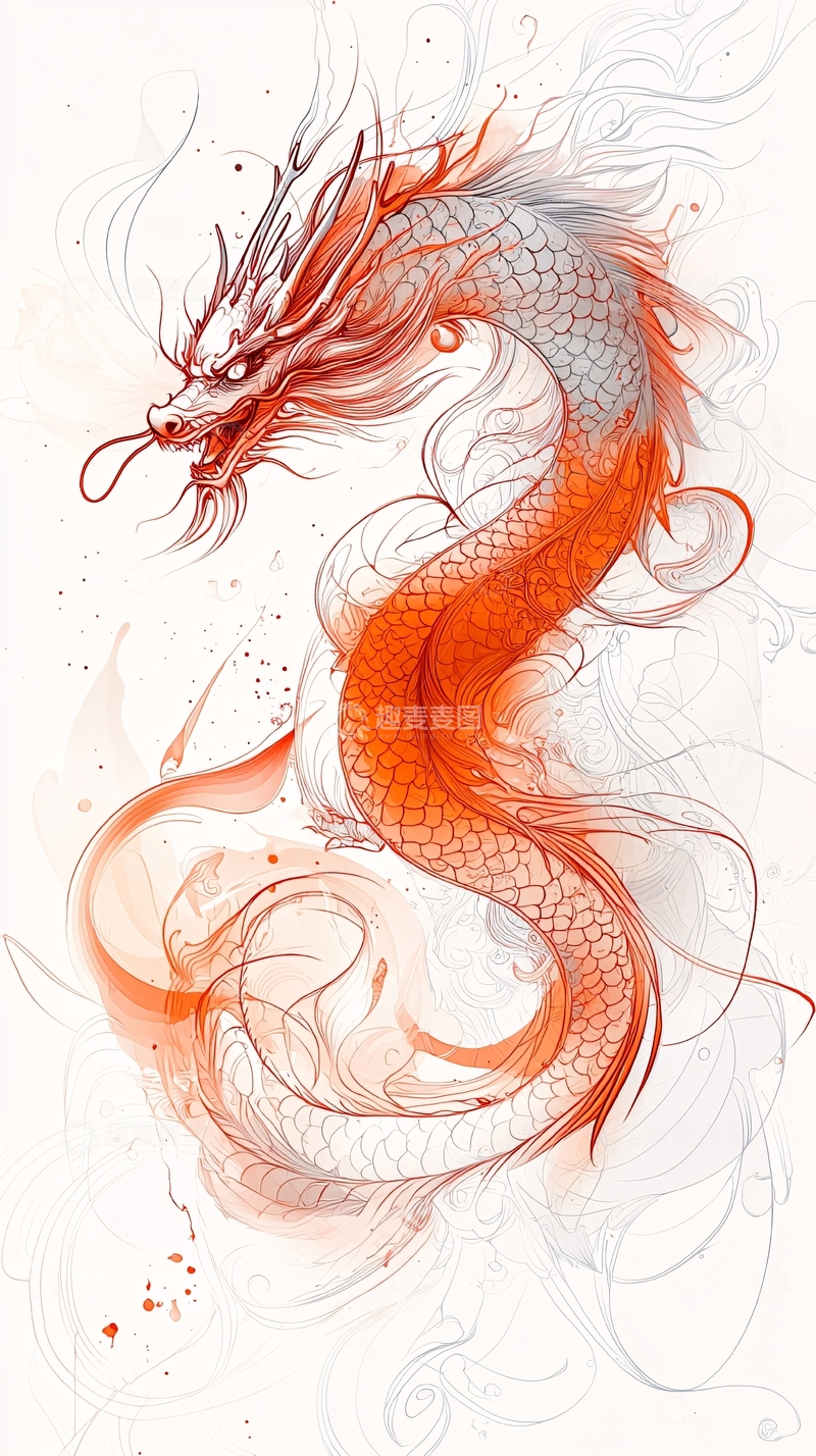 高清大图下载【趣麦麦图】水墨写意红白祥龙