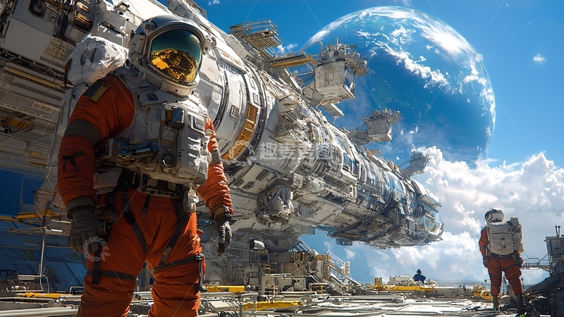 高清大图下载【趣麦麦图】宇航员太空飞船巨型星球