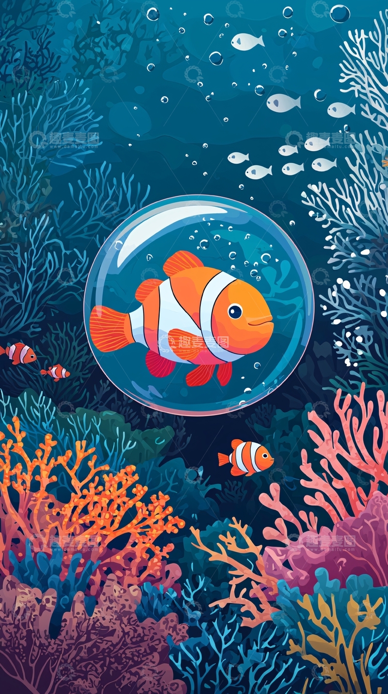 高清大图下载【趣麦麦图】小丑鱼泡泡海洋世界