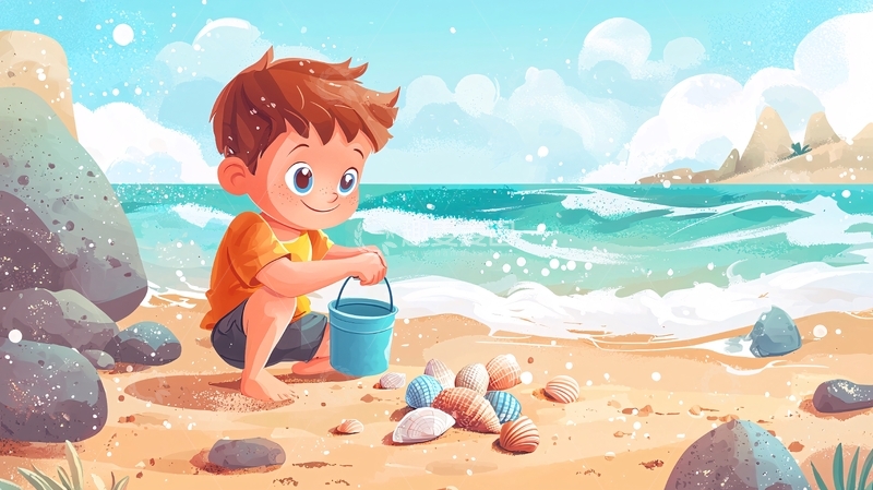 高清大图下载【趣麦麦图】沙滩上玩耍的小男孩