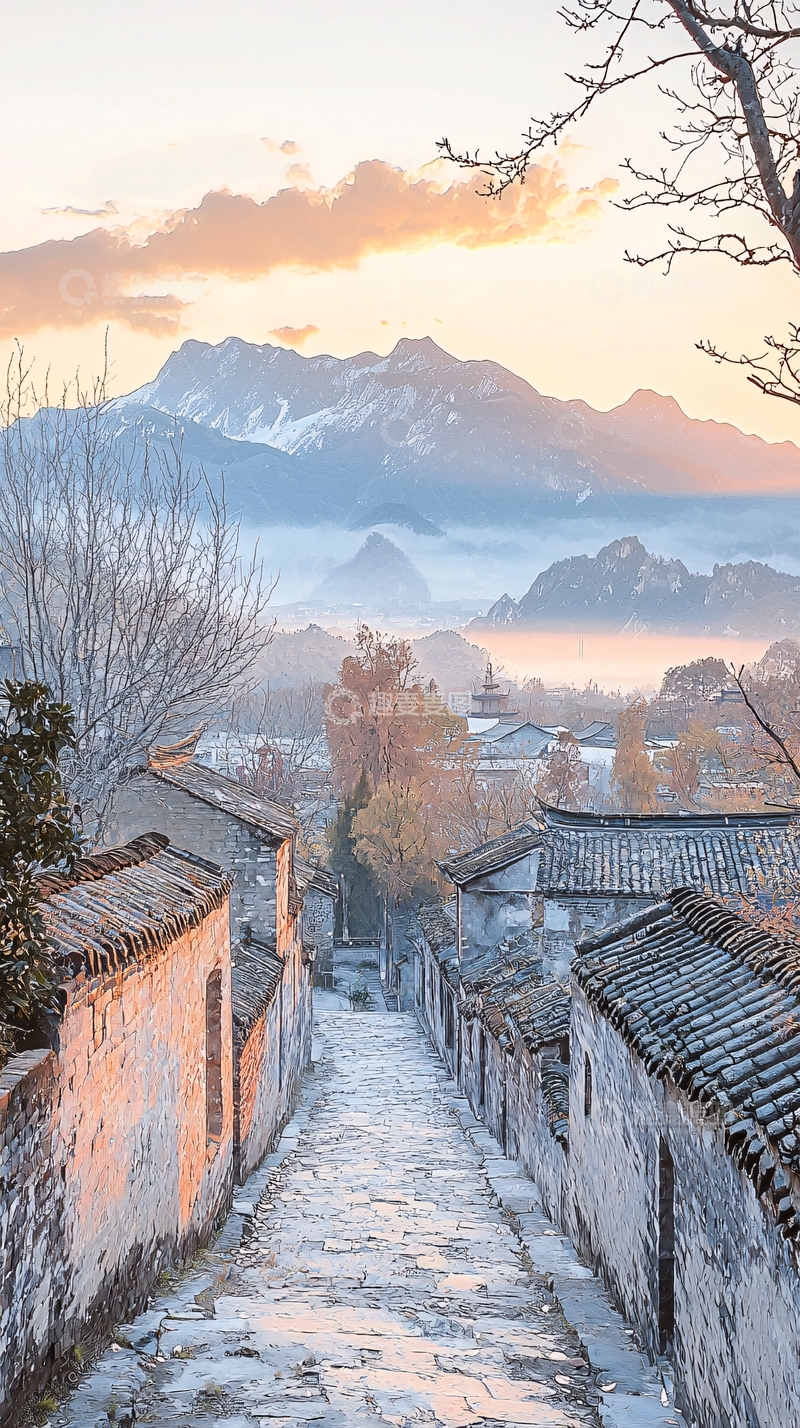 高清大图下载【趣麦麦图】清晨古镇雪景