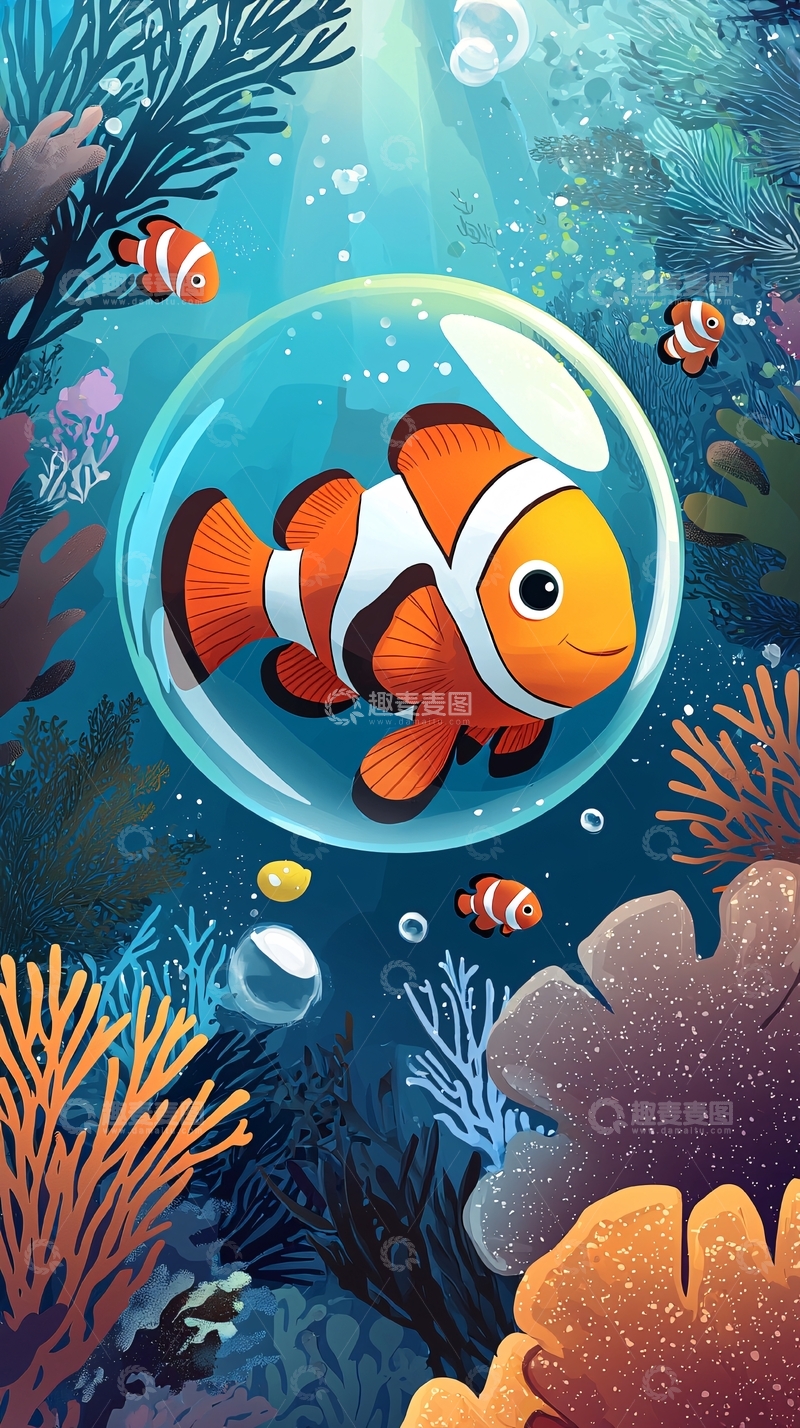 高清大图下载【趣麦麦图】小丑鱼气泡海洋卡通