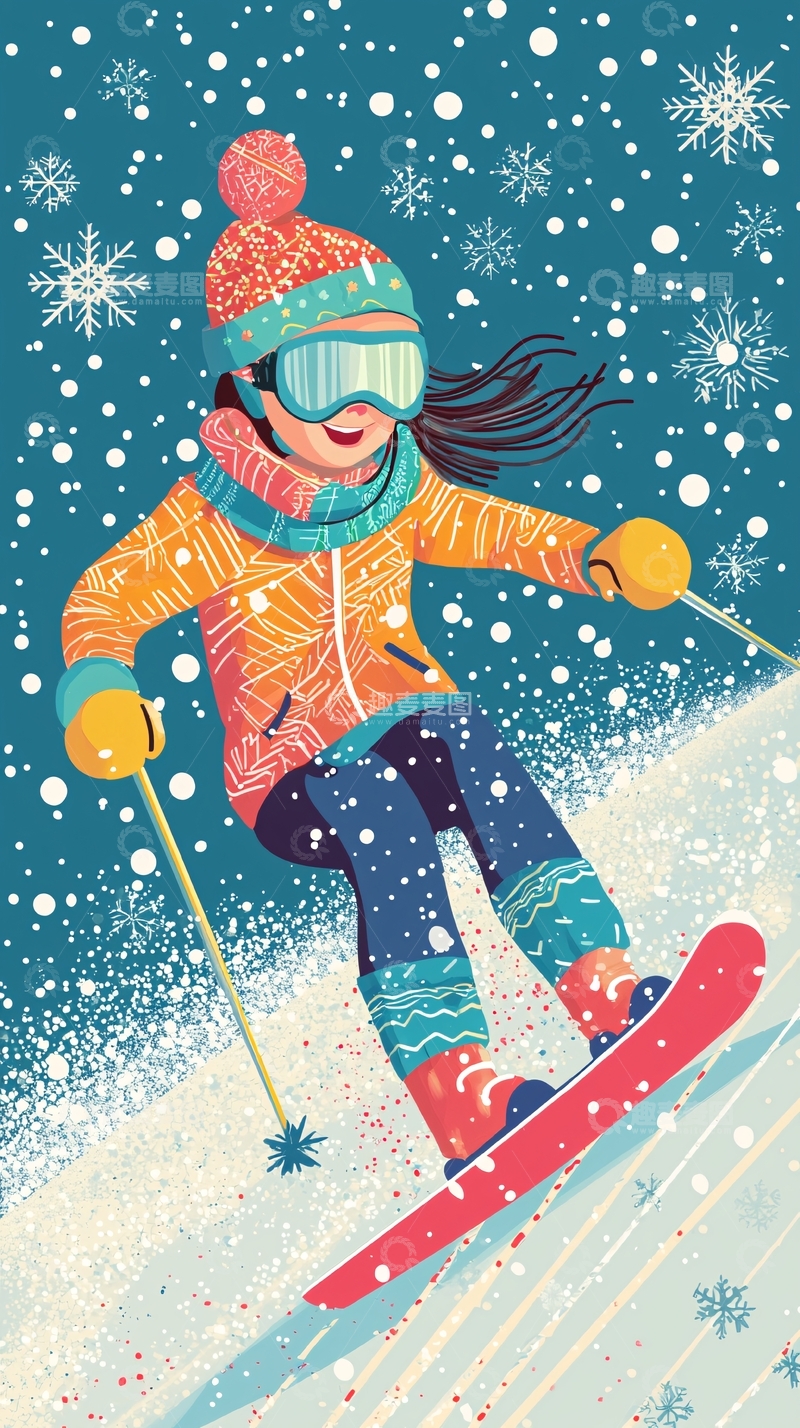 高清大图下载【趣麦麦图】卡通女孩滑雪