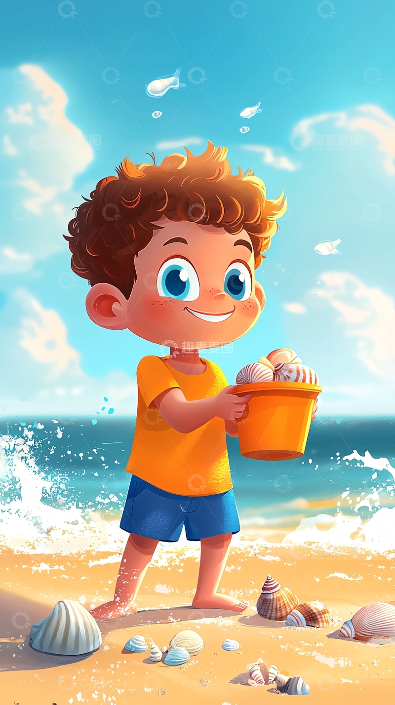 高清大图下载【趣麦麦图】阳光沙滩上的快乐男孩
