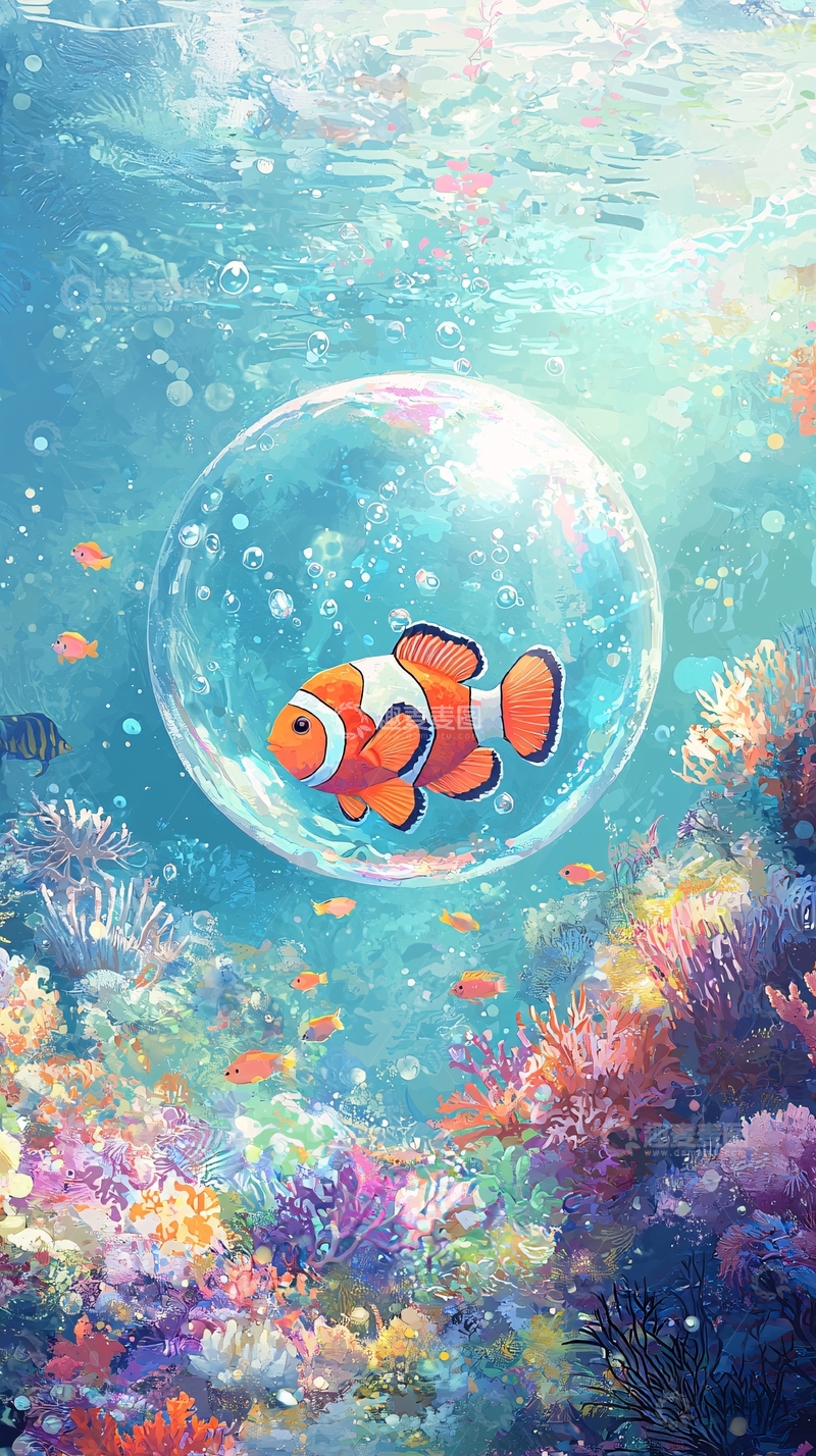 高清大图下载【趣麦麦图】小丑鱼气泡海洋壁纸