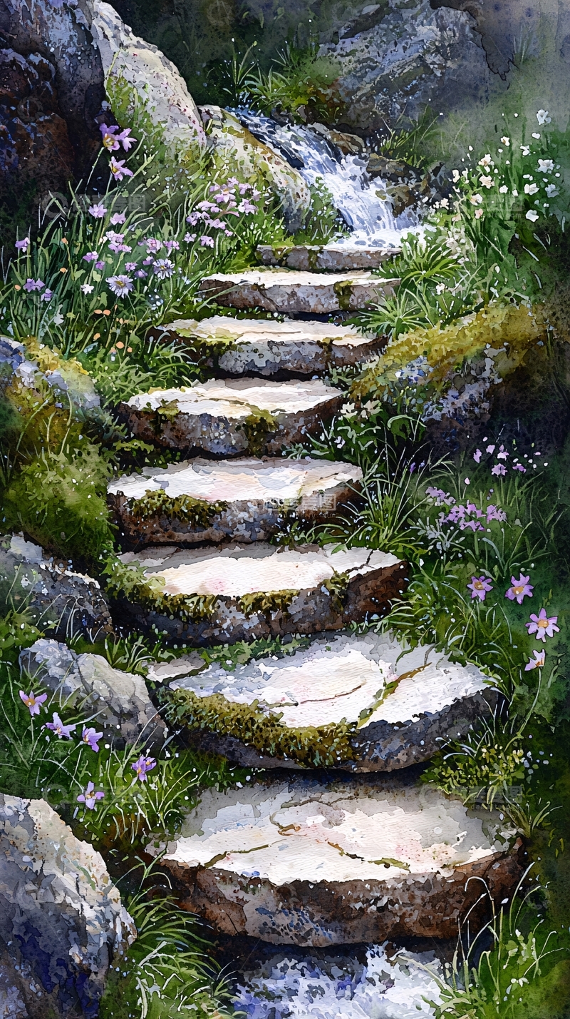 高清大图下载【趣麦麦图】石头台阶小溪风景