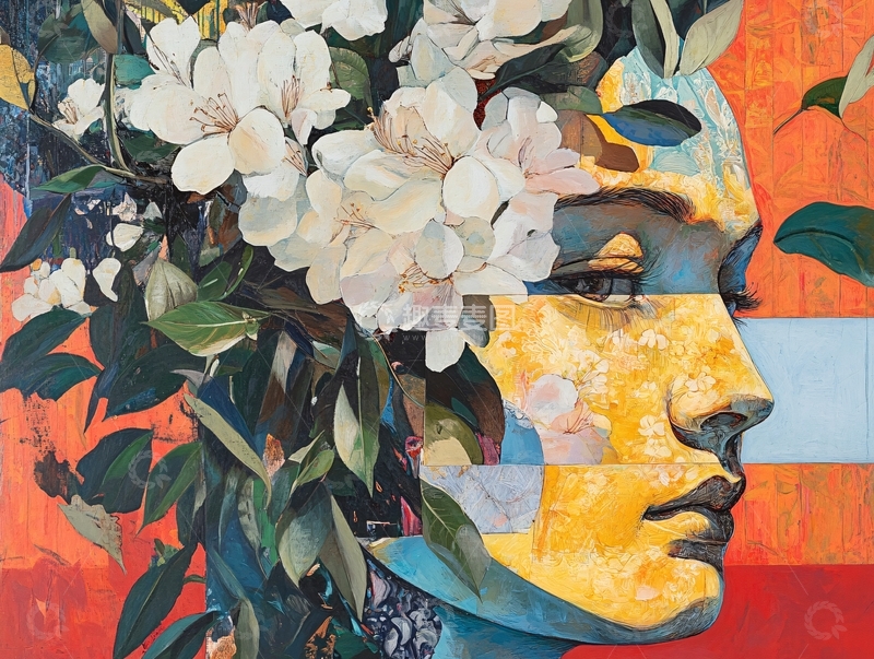 高清大图下载【趣麦麦图】女子侧脸花卉肖像画