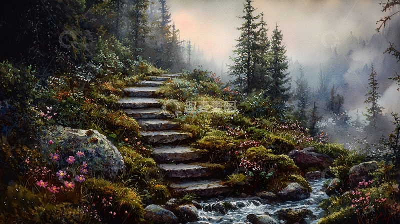 高清大图下载【趣麦麦图】森林中的石头小路