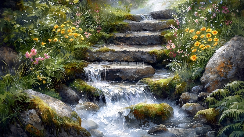 高清大图下载【趣麦麦图】绿意盎然的石阶小溪