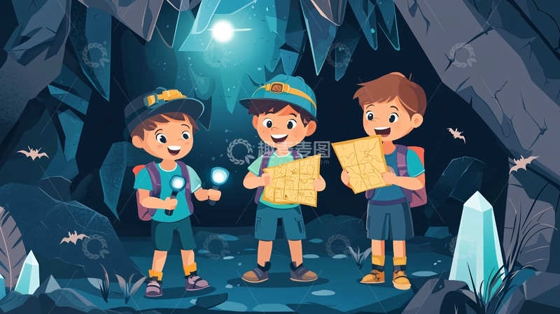高清大图下载【趣麦麦图】卡通男孩探险洞穴