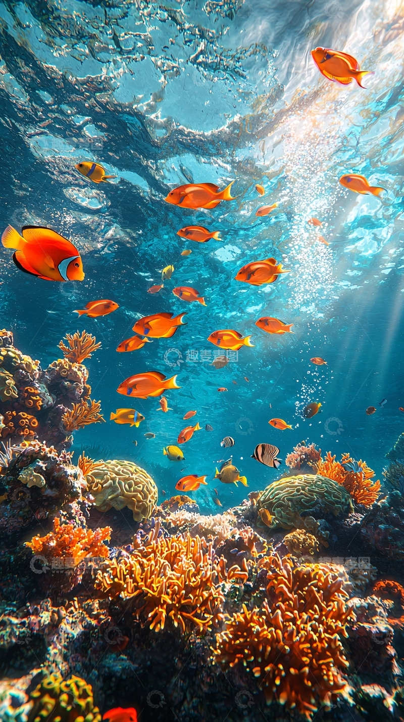 高清大图下载【趣麦麦图】阳光下的珊瑚礁鱼群