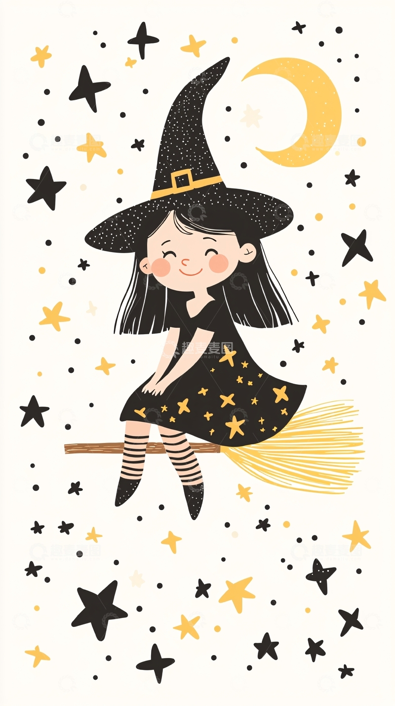 高清大图下载【趣麦麦图】可爱小女巫骑着扫帚飞翔