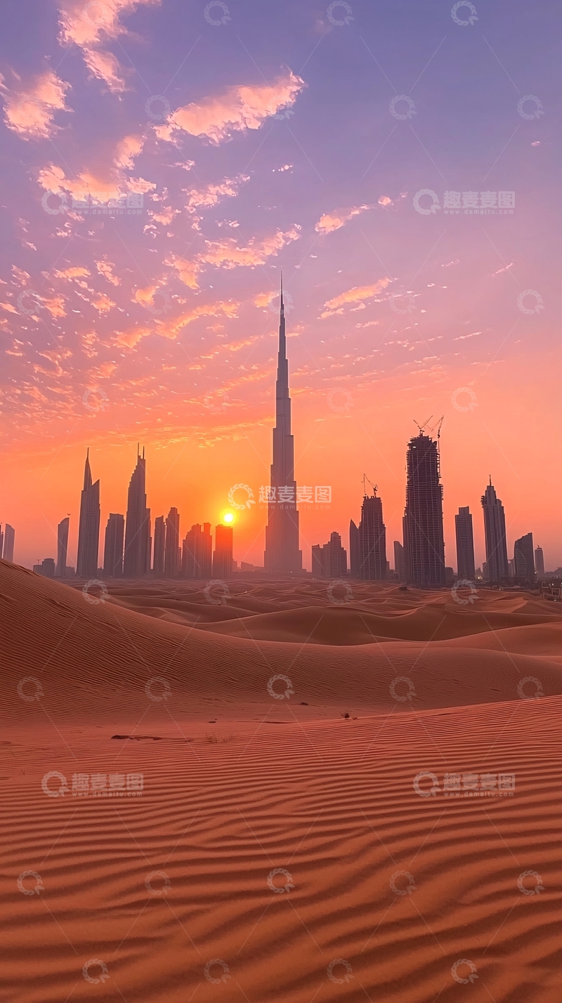 高清大图下载【趣麦麦图】迪拜夕阳下的城市剪影