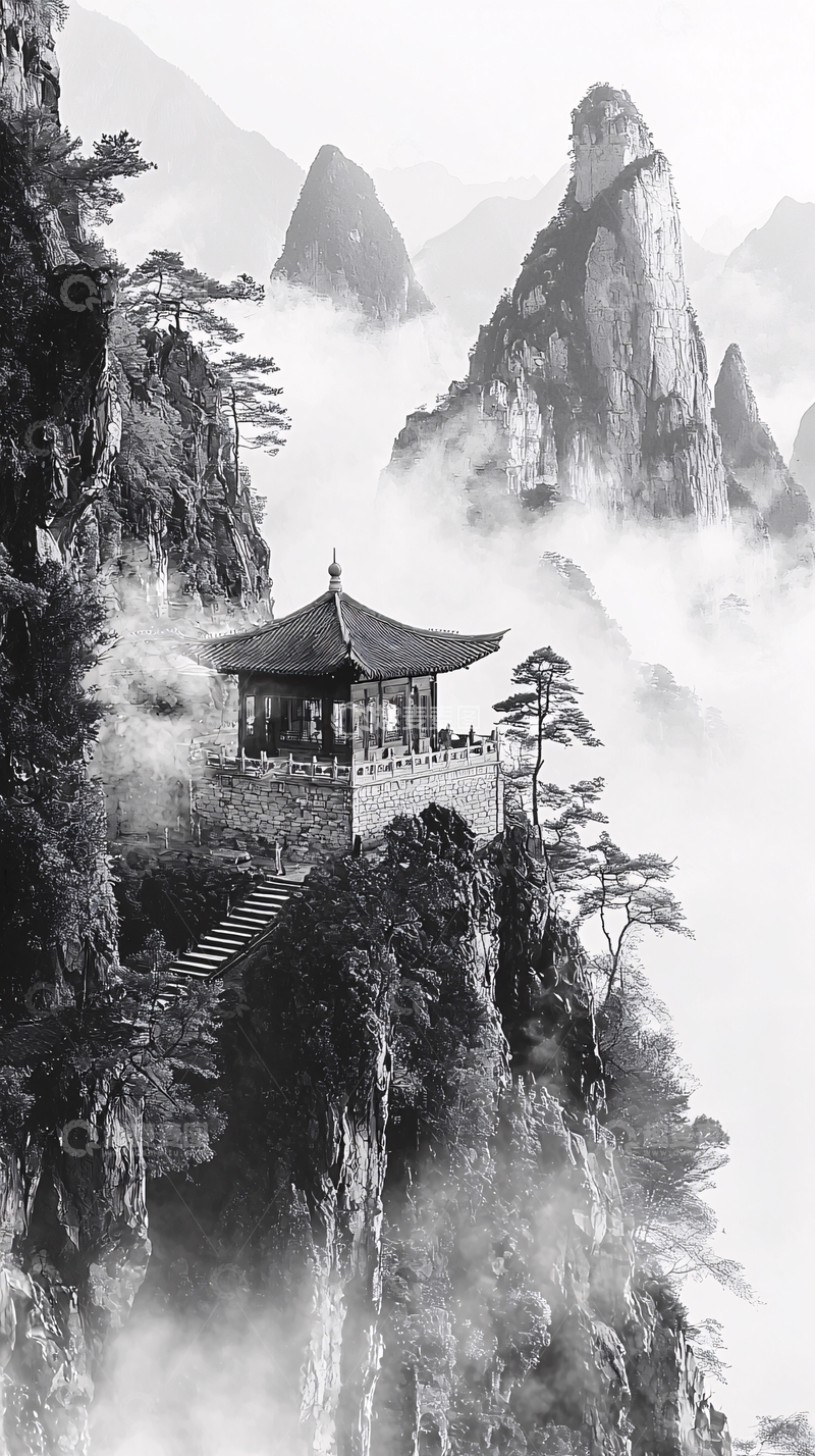 高清大图下载【趣麦麦图】水墨山水意境中国风亭台楼阁