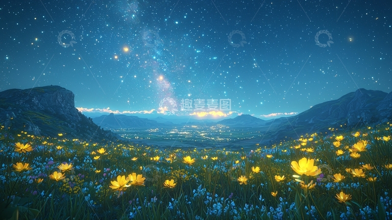 高清大图下载【趣麦麦图】星空下的花田夜景