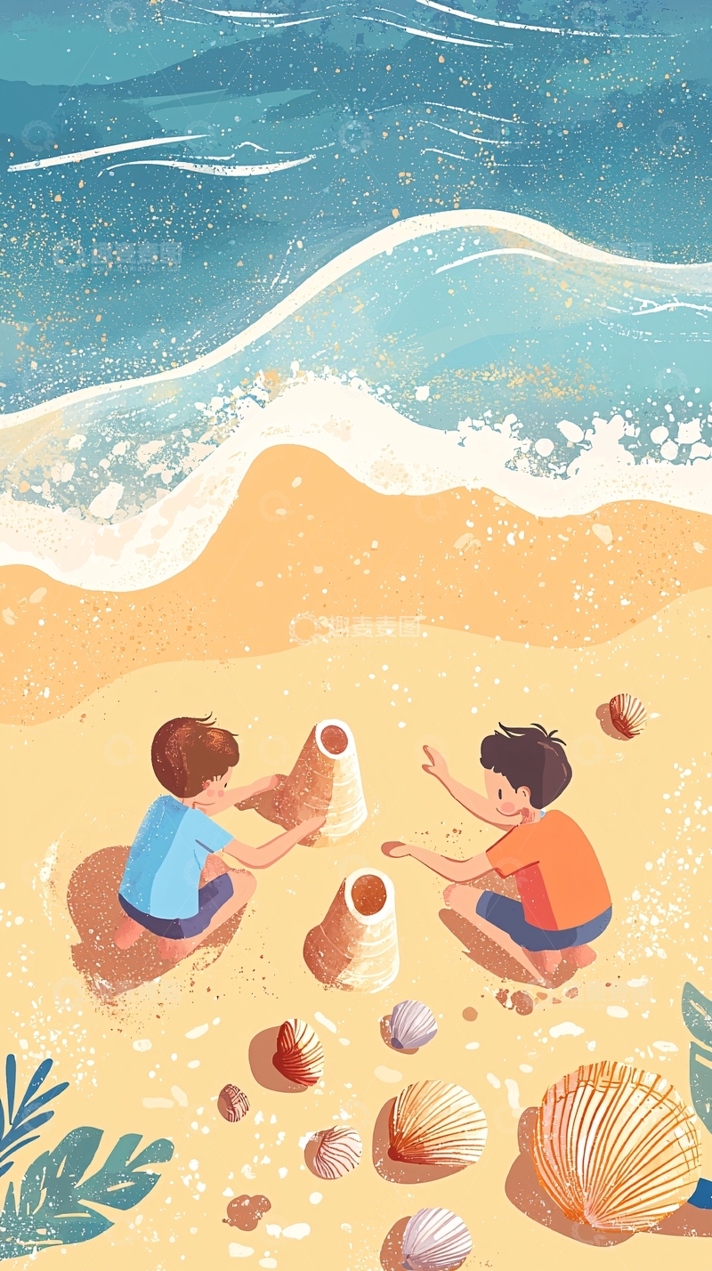 高清大图下载【趣麦麦图】沙滩上玩耍的两个孩子