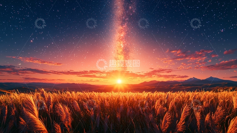 高清大图下载【趣麦麦图】麦田上的星光日落