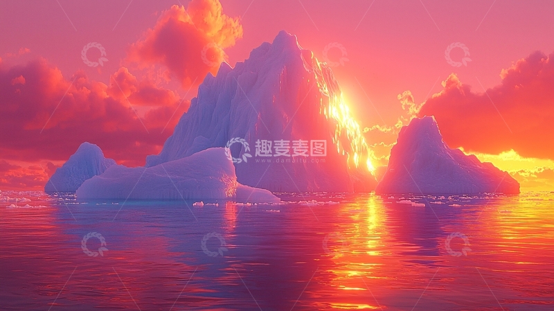 高清大图下载【趣麦麦图】冰山日落晚霞海面唯美场景
