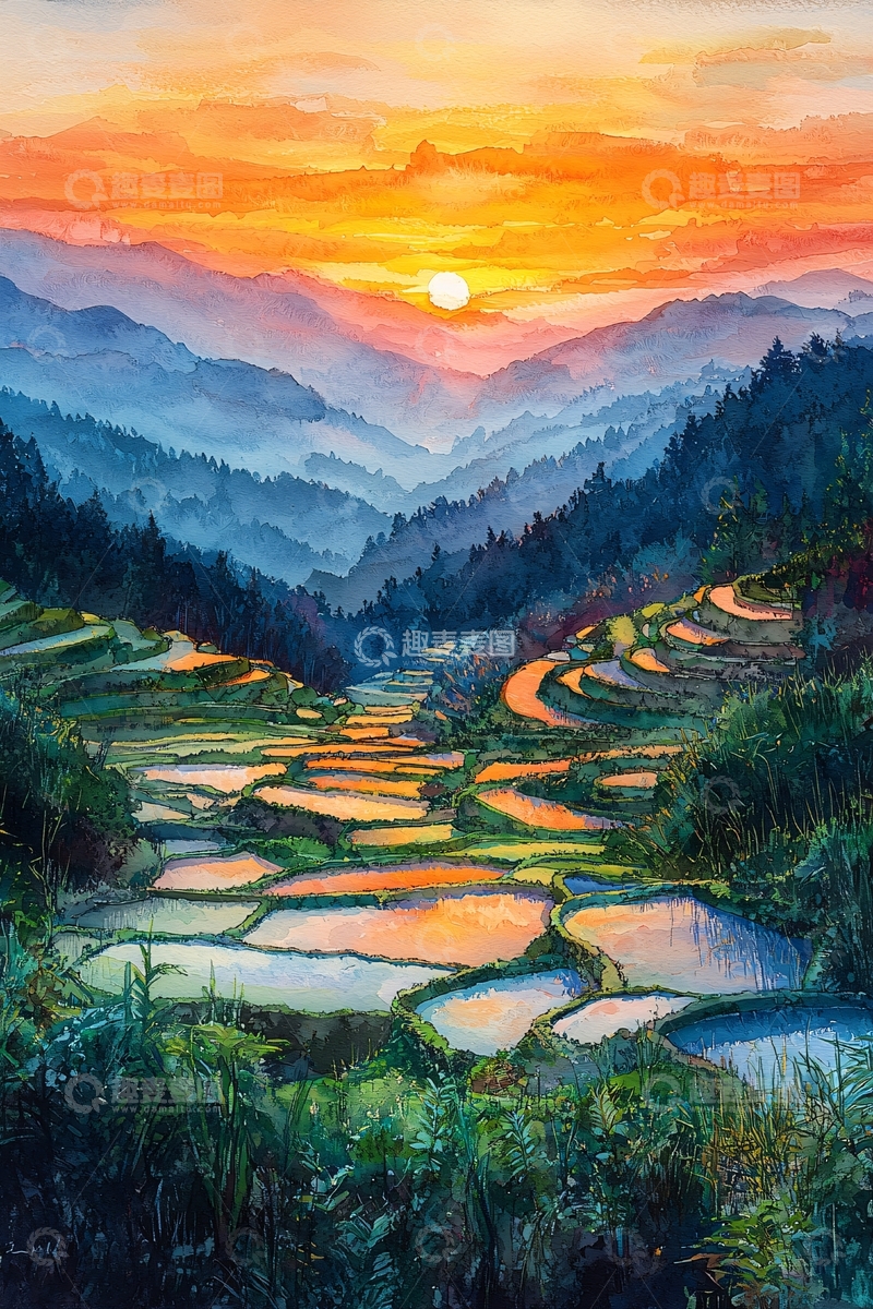高清大图下载【趣麦麦图】梯田日出水彩画