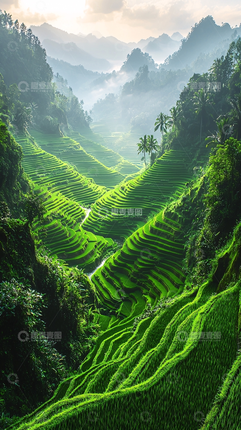 高清大图下载【趣麦麦图】绿色梯田山谷的壮丽景色