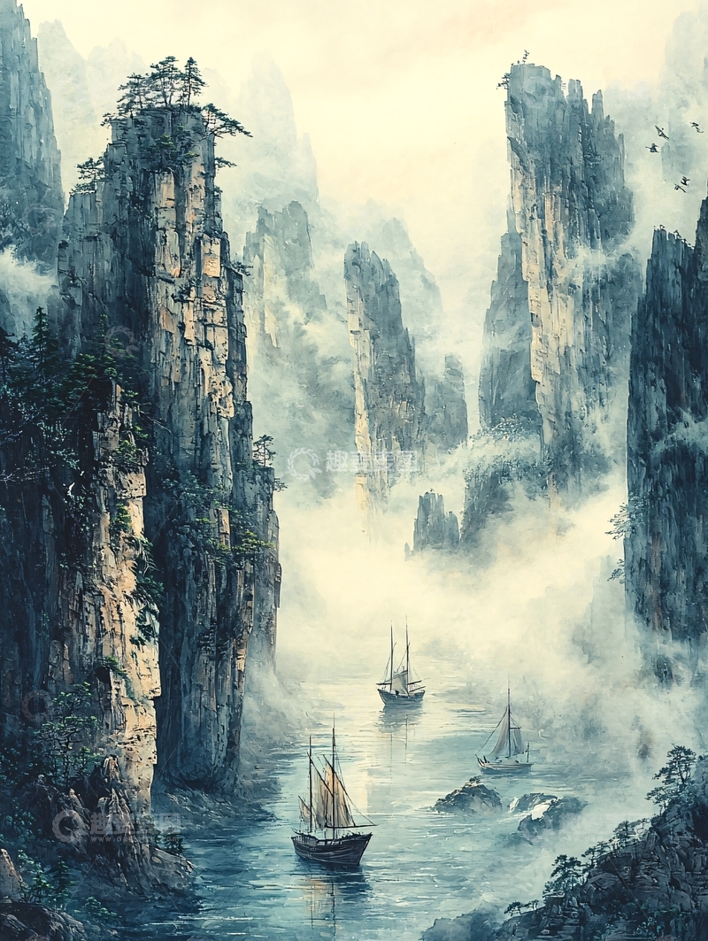 高清大图下载【趣麦麦图】山水画风的船只航行