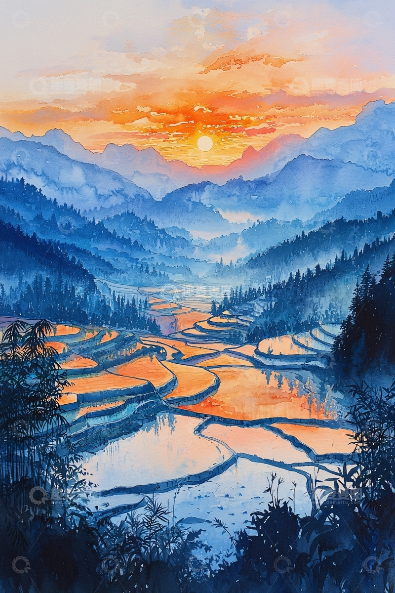 高清大图下载【趣麦麦图】水彩梯田日出景观