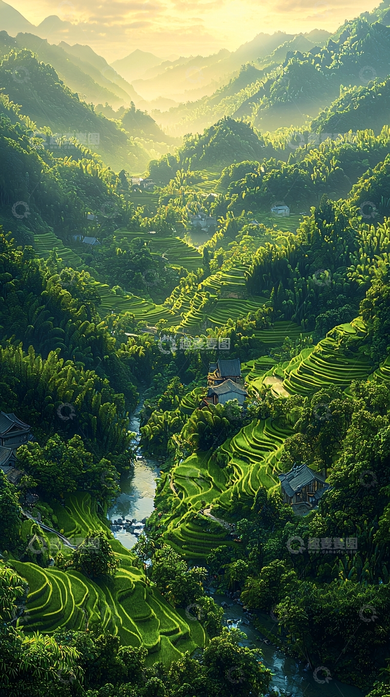 高清大图下载【趣麦麦图】山谷河流梯田景色