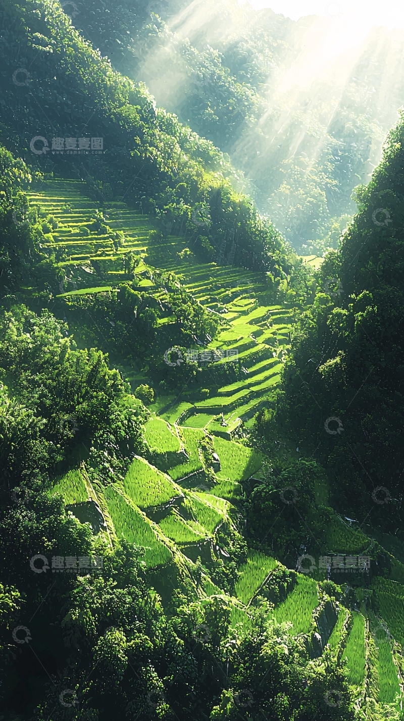 高清大图下载【趣麦麦图】绿色梯田山谷阳光明媚