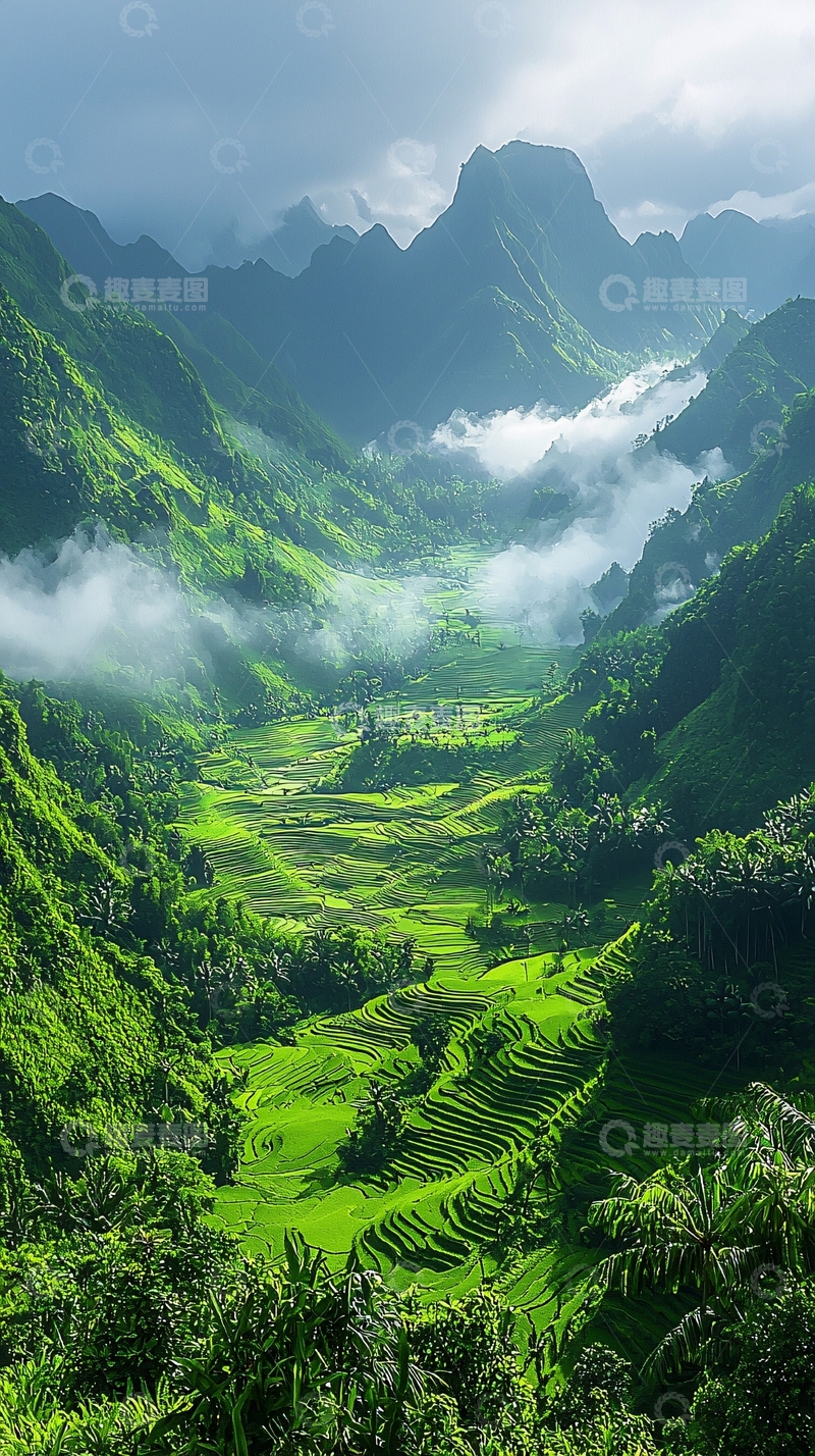 高清大图下载【趣麦麦图】云雾缭绕的山谷梯田