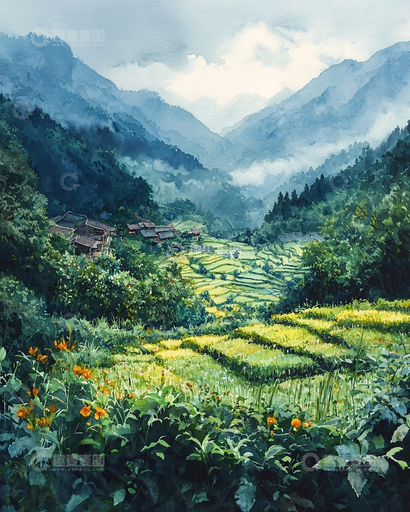 高清大图下载【趣麦麦图】山村梯田风景画