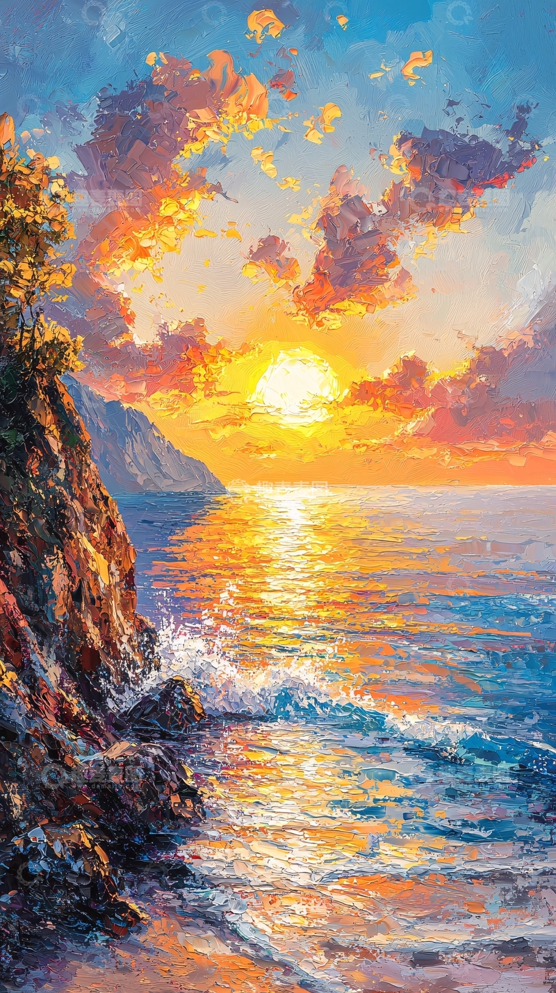 高清大图下载【趣麦麦图】海边日落油画风格