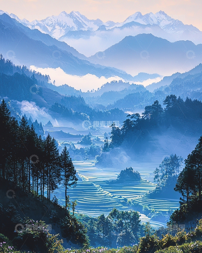 高清大图下载【趣麦麦图】山峦叠嶂的蓝色山谷