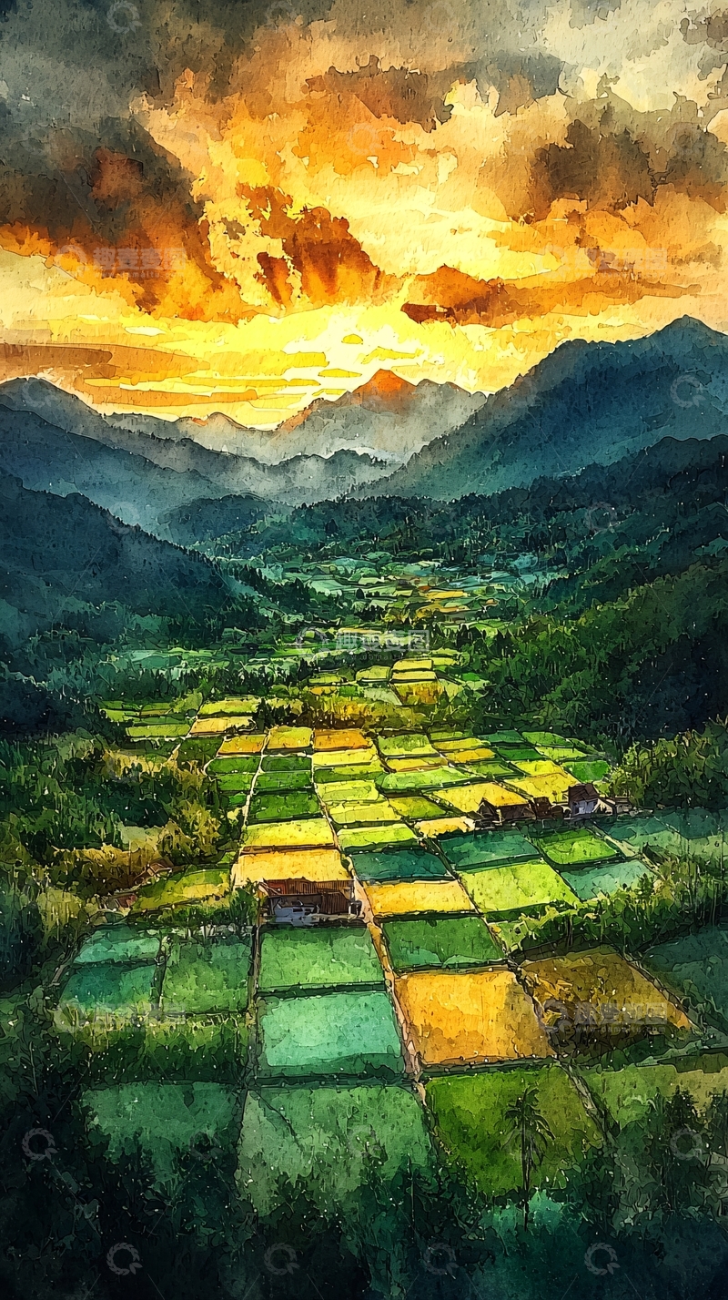 高清大图下载【趣麦麦图】水彩画日落田园风光