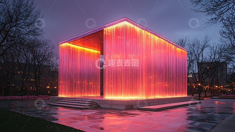高清大图下载【趣麦麦图】夜晚灯光照射下的红色立方体建筑