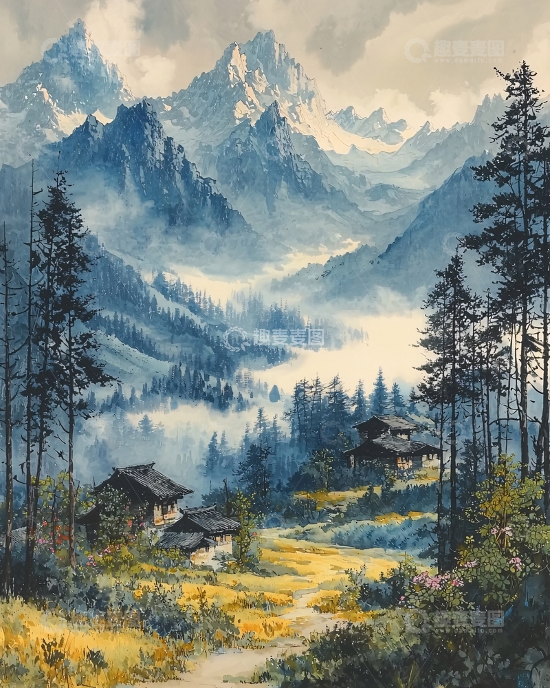 高清大图下载【趣麦麦图】阿尔卑斯山脉水彩画
