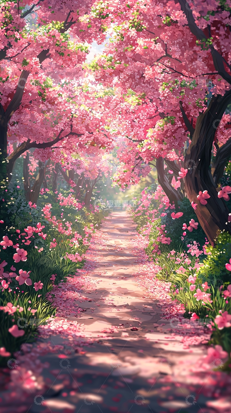 高清大图下载【趣麦麦图】粉红樱花树林小路