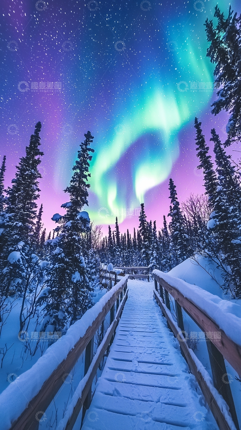 高清大图下载【趣麦麦图】极光下的雪地木桥