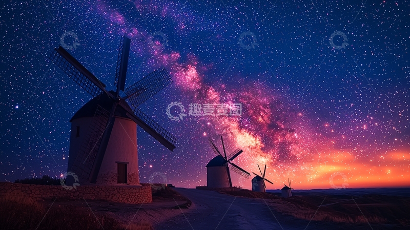高清大图下载【趣麦麦图】星空下的风车