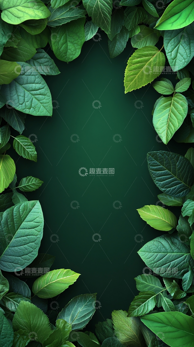 高清大图下载【趣麦麦图】绿叶环绕的深绿色背景