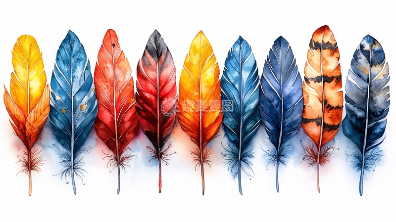 高清大图下载【趣麦麦图】彩色羽毛水彩画