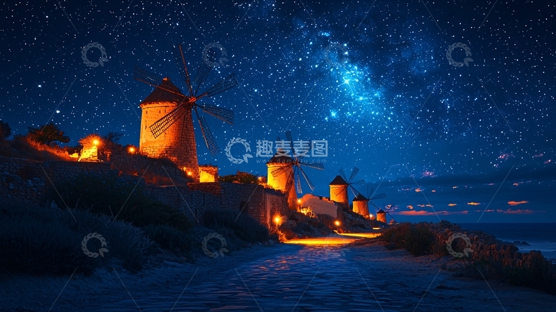高清大图下载【趣麦麦图】星空下的风车