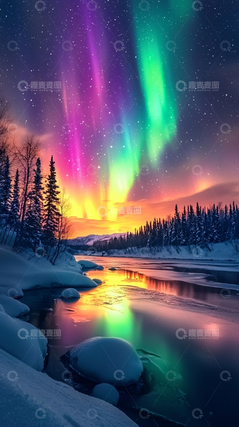 高清大图下载【趣麦麦图】绚丽极光下的雪景河流