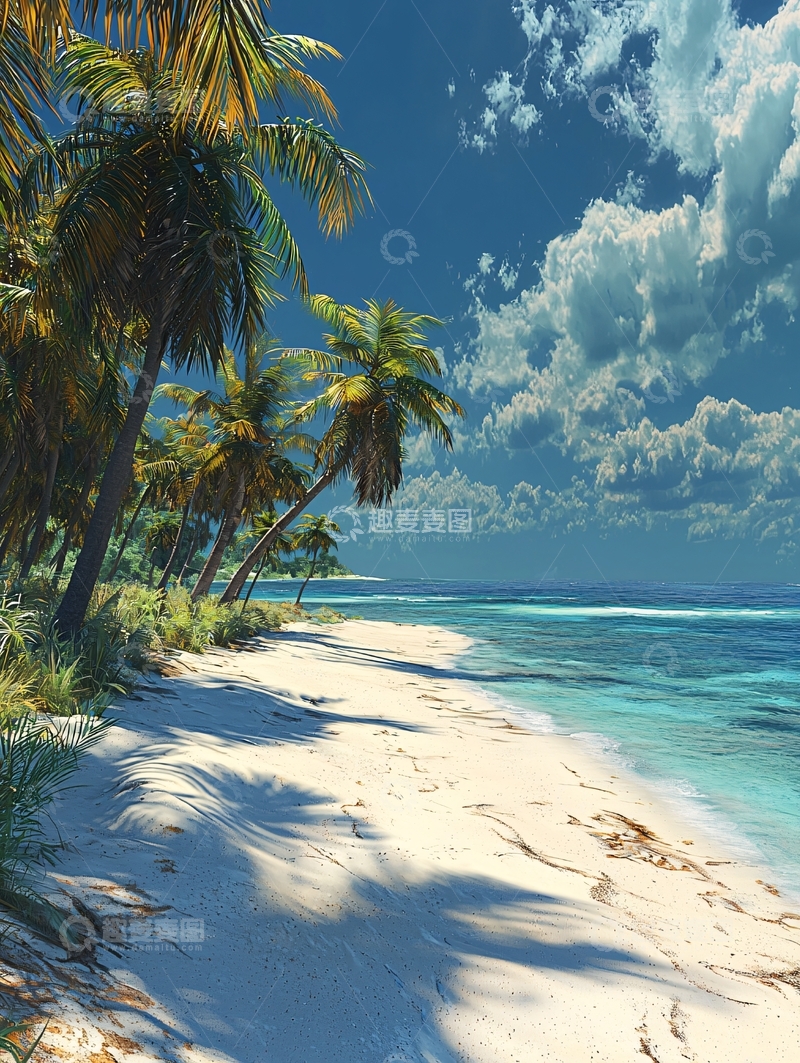 高清大图下载【趣麦麦图】热带海滩椰树蓝天白云