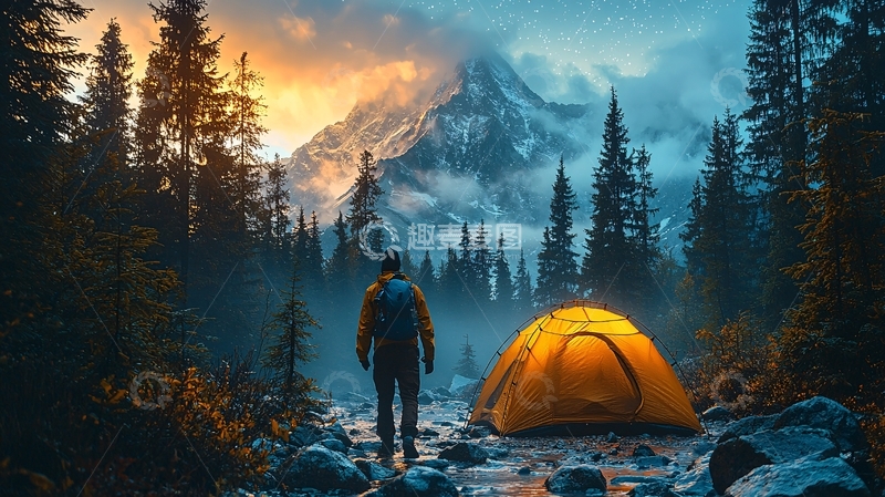 高清大图下载【趣麦麦图】山脉晨曦中的露营者