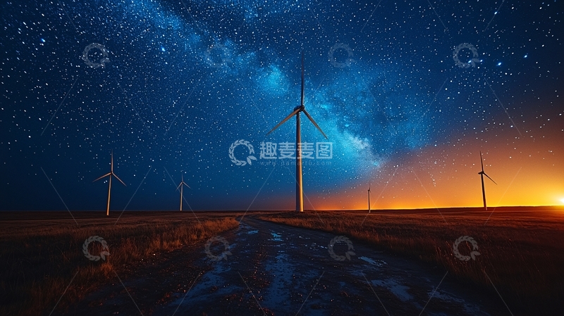 高清大图下载【趣麦麦图】星空下的风力发电机