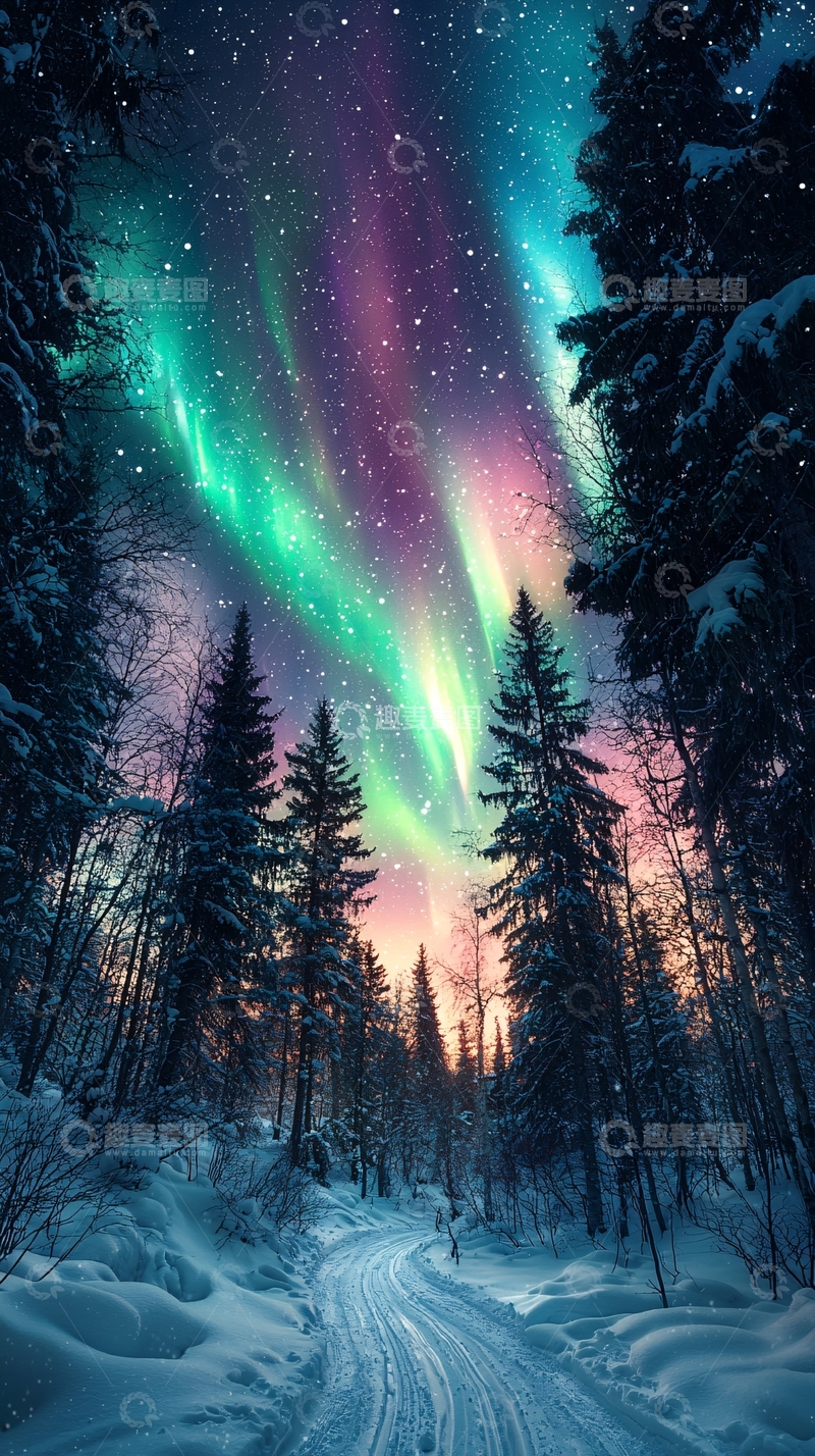 高清大图下载【趣麦麦图】雪地森林极光夜空