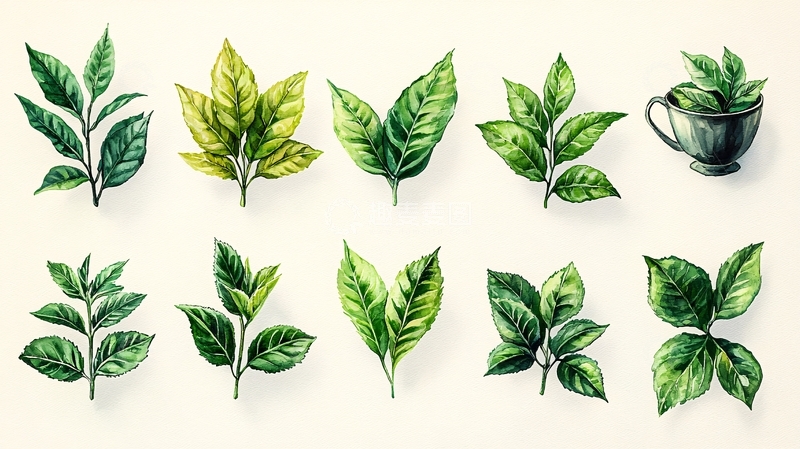 高清大图下载【趣麦麦图】茶叶水彩画