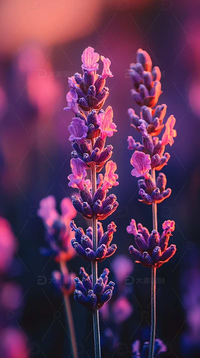 紫色的薰衣草在日落余晖中