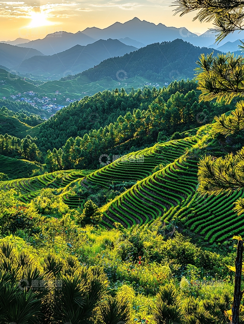 高清大图下载【趣麦麦图】翠绿茶园山峦叠嶂景色