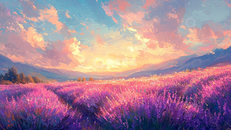高清大图下载【趣麦麦图】薰衣草田的唯美日落